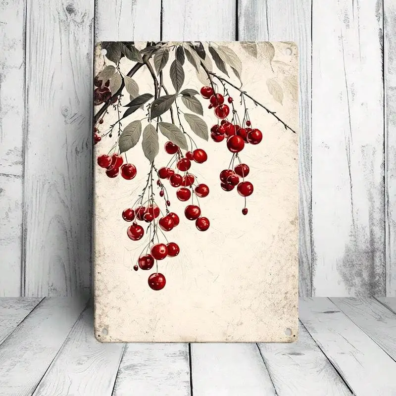 1PC Vintage Red Berry Branch Tin Sign, Rustic Winter Botanical Art, Retro Metal Plaque For Entryway & Living Room, 8x12 Inches