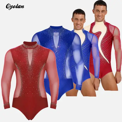Gimnasia para hombre, patinaje artístico, Ballet, danza latina, traje de actuación, diamantes de imitación brillantes, leotardos de baile, mono, camisas