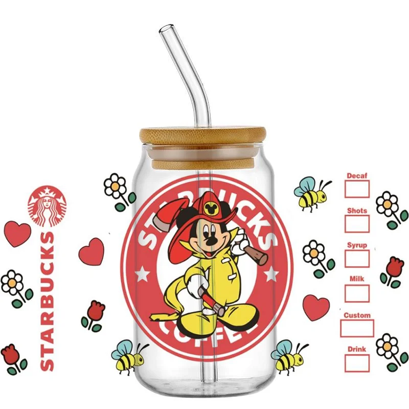 Miniso 3D UV DTF Transfers Sticker Mickey and Minnie Decal Cup Wrap for 16oz Libbey Glasses DIY Washable Mug Sticker