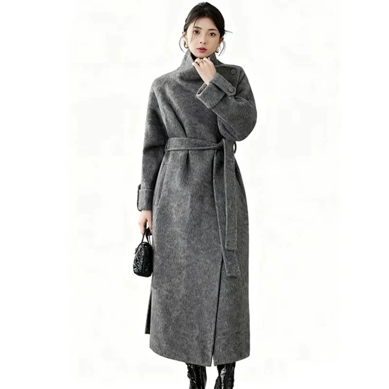 Casaco feminino de caxemira dupla face azul de comprimento médio de alta qualidade |   Estilo casual, agasalhos clássicos de lã com lapela larga