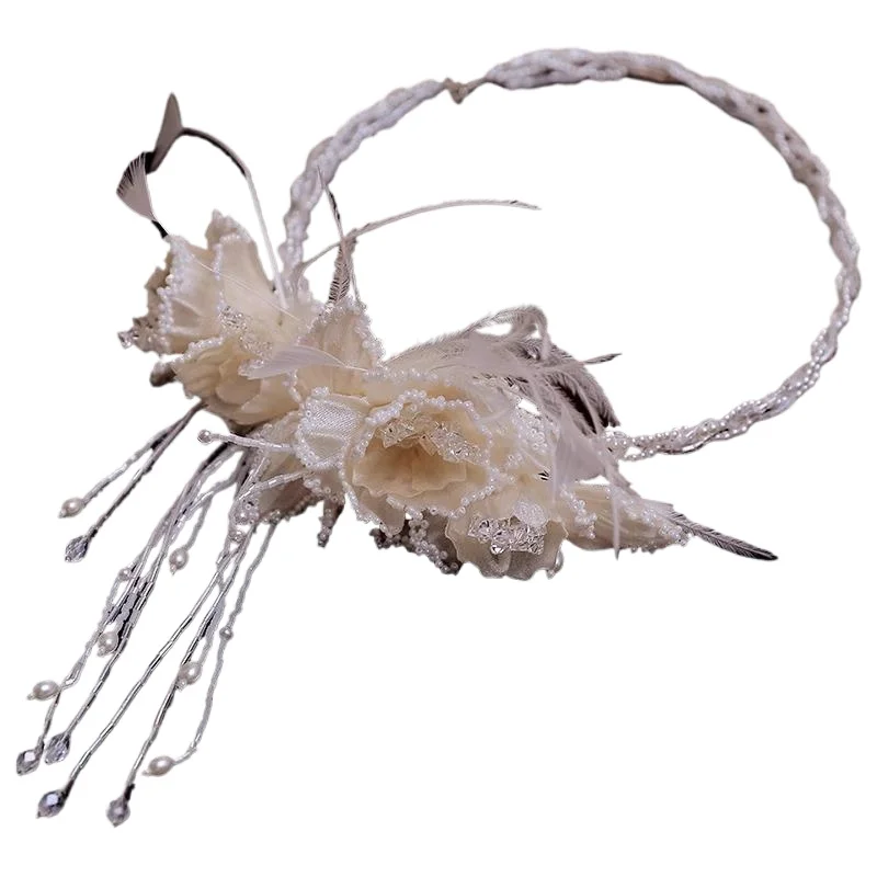 

French retro silk flower beaded fringed headband bridal wedding dress hair accessories