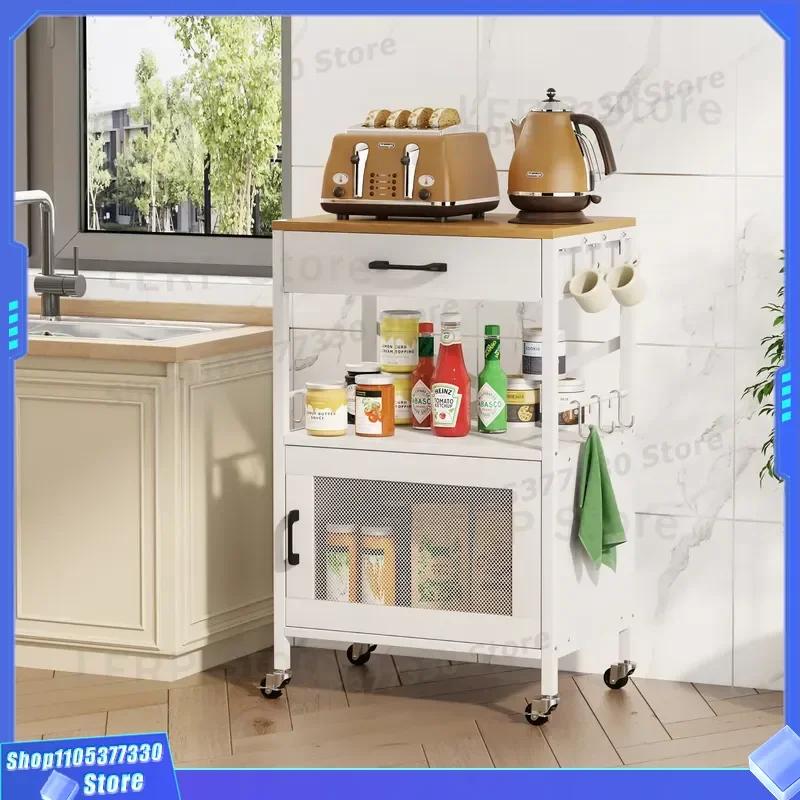 Removable Kitchen Storage Cart With Drawers Microwave Oven Rack Coffee Station With Hooks For Dining Room Cabinet Organizer