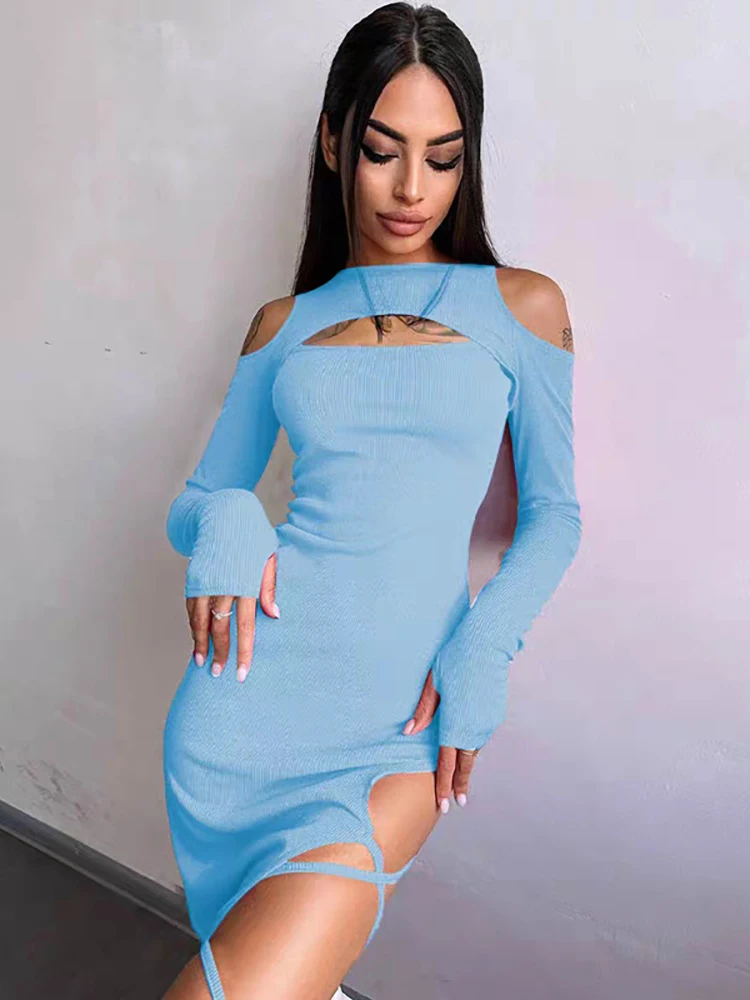 Rororiri Effen Bandage Split Lange Jurk Vrouwen Ribgebreide Lange Mouwen Uitgesneden Koude Schouder Slanke Sexy Bodycon Eendelige Streetwear