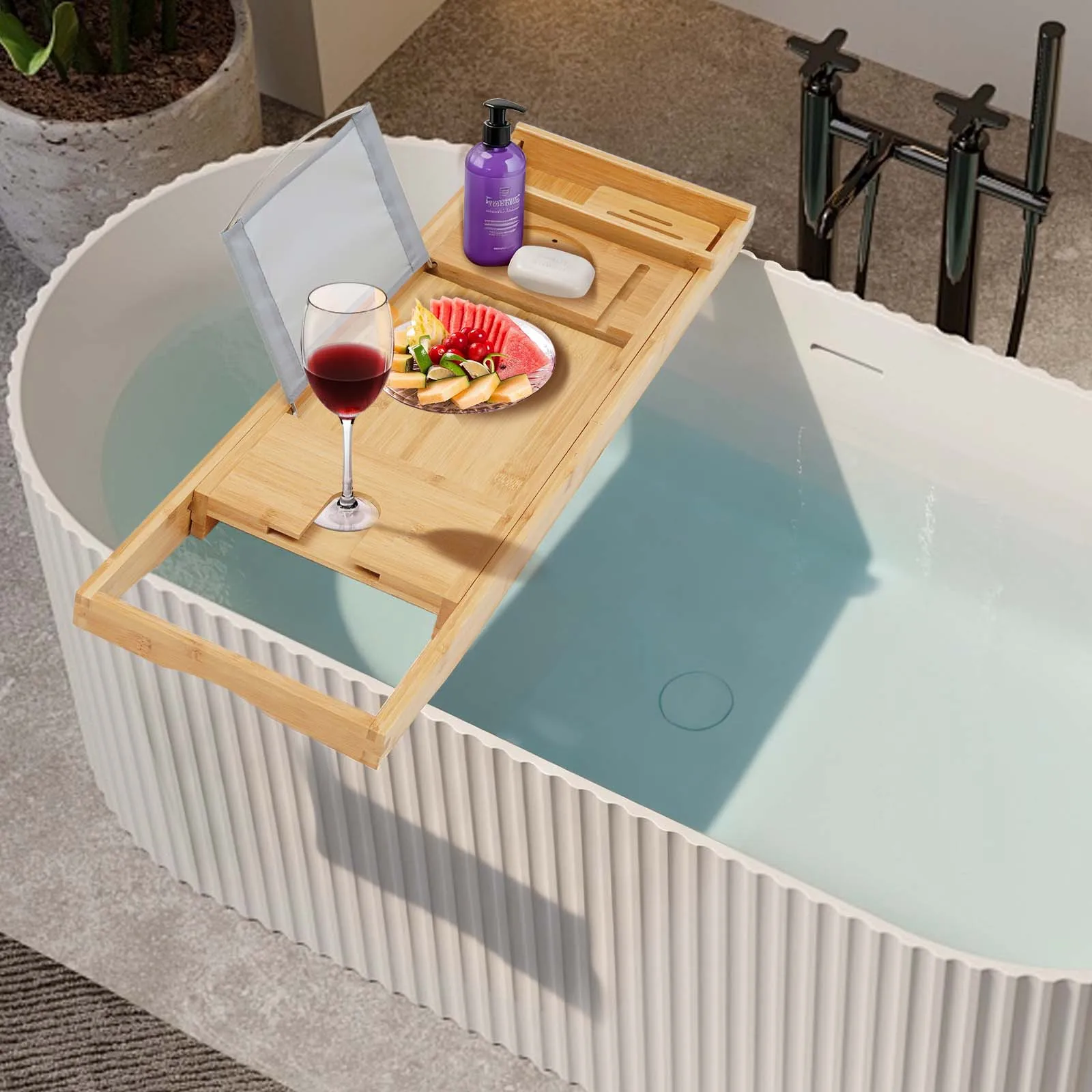 

Retractable bamboo shelf (single box + soap box) - Foldable Expandable Bamboo Bath Tray for Tub with Wine Holder, Tablet Stand