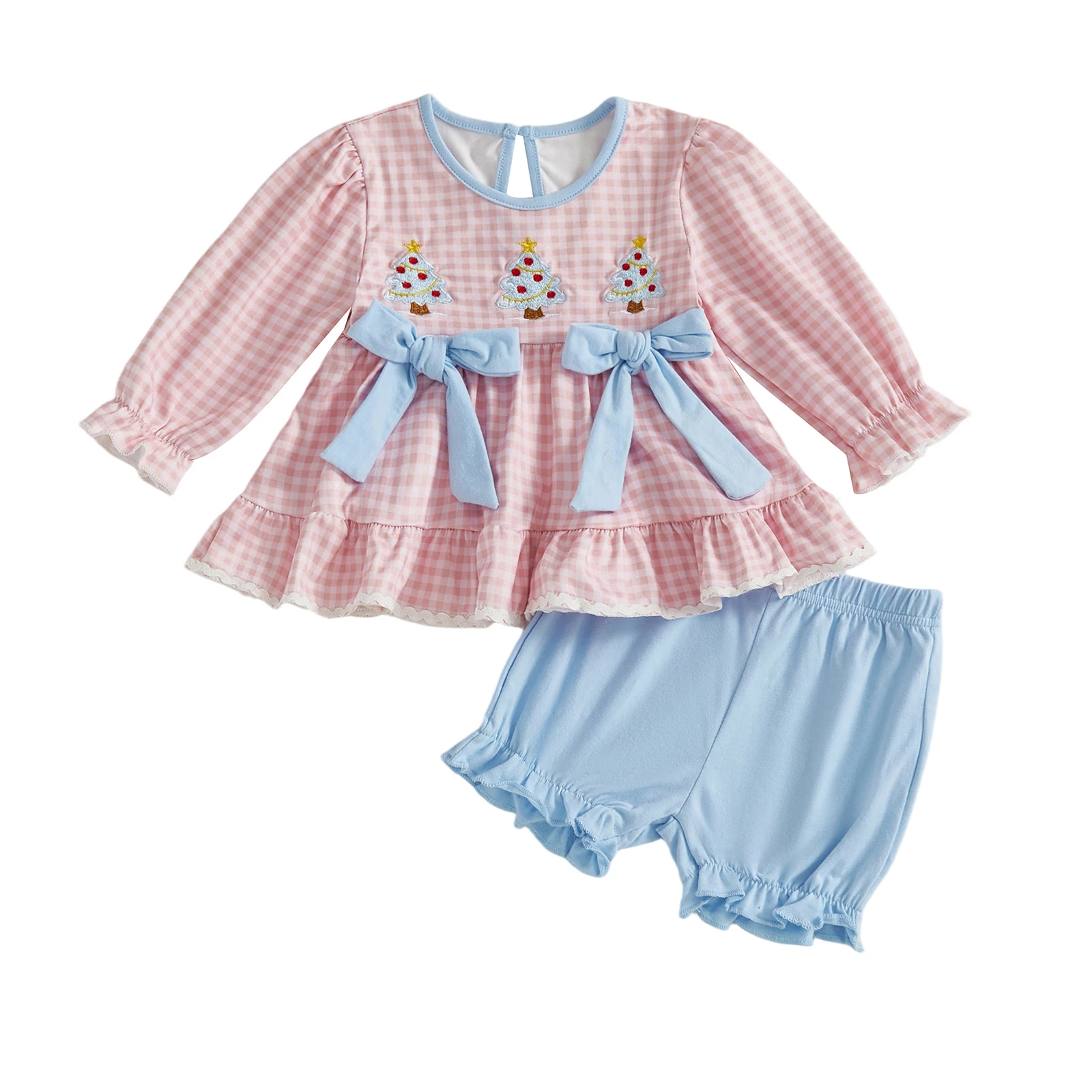 

2Pcs Baby Girl Christmas Outfits Long Sleeve Plaid Print Tops + Shorts Set Newborn Clothes