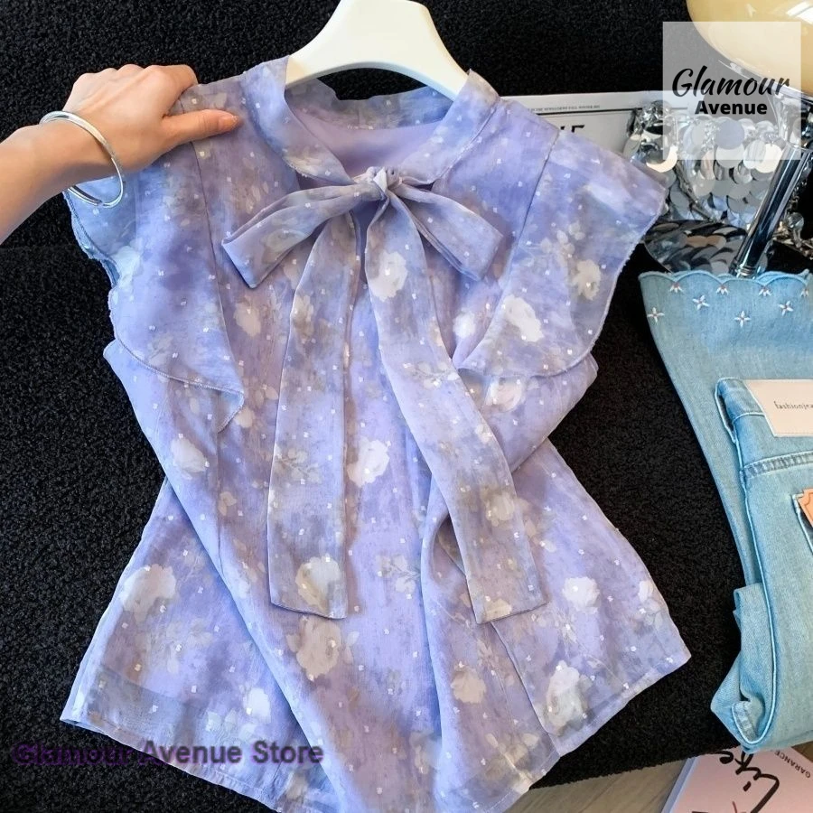 French style light purple printed chiffon shirt women's summer new fashion temperament bow romantic loose slim temperament top.