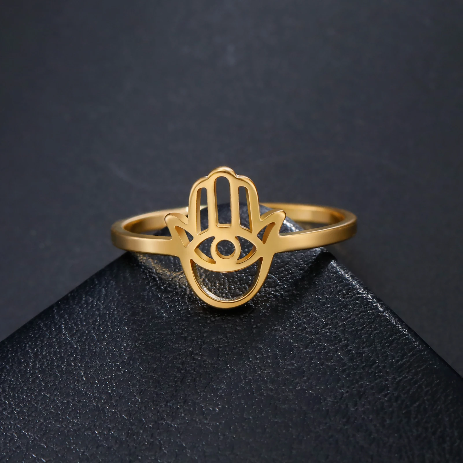 Skyrim Hamsa Hand Evil Eye Ring Stainless Steel Amulet Hand of Fatima Finger Rings Vintage Women Jewelry Birthday Gift Wholesale