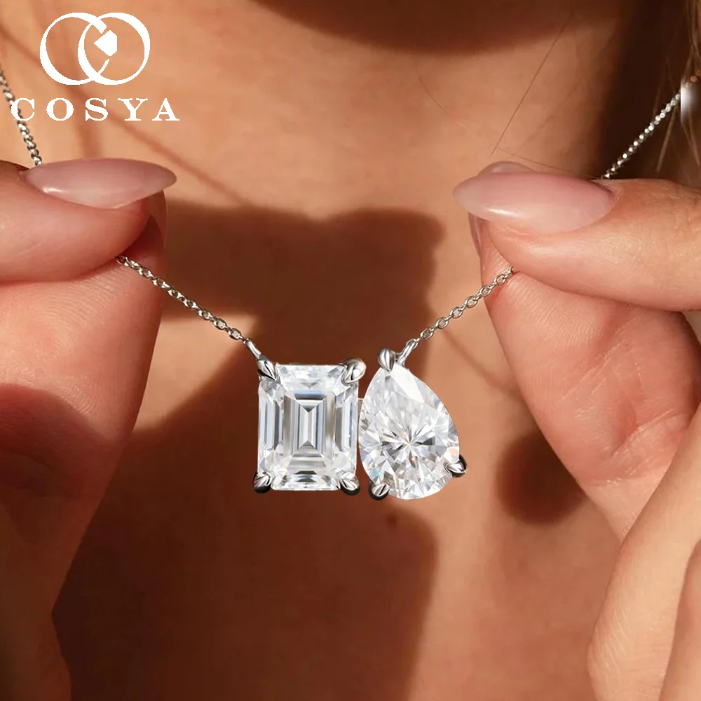 COSYA 2/5CT Pear/Emerald Cut Moissanite Pendant Necklace for Women S925 Silver  2 Stone Waterdrop Diamond NeckChain Fine Jewelry