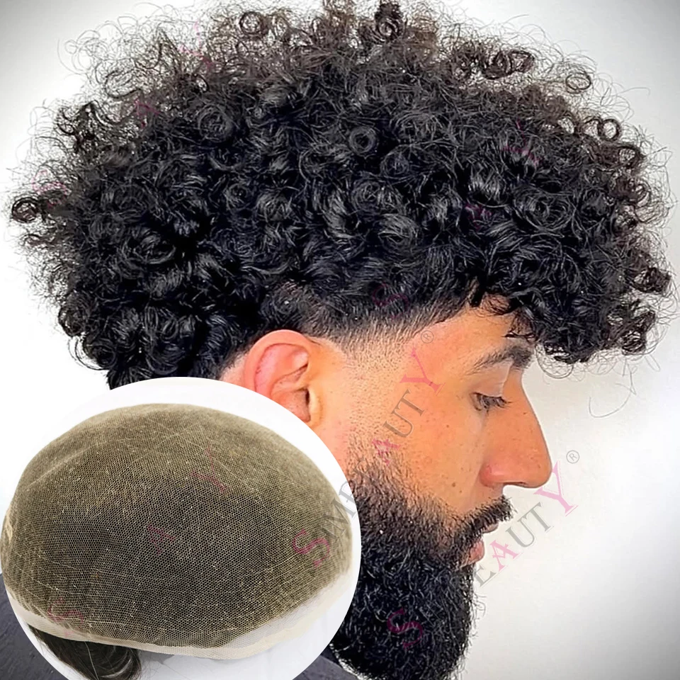 12 مللي متر 15 مللي متر الأفرو مجعد الرجال كامل الدانتيل الشعرية الاصطناعية شعر بشري أسود طبيعي 18 مللي متر حليقة تنفس الذكور الشعر المستعار عقدة ابيض #1