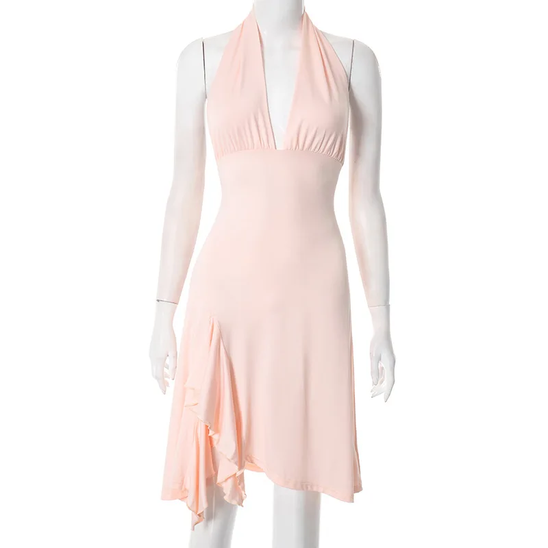 Abito longuette da donna con scollo all'americana senza schienale solido Abito longuette sexy con scollo a V profondo senza maniche con volant Diviso Party Clubwear Abiti da spiaggia per le vacanze di moda