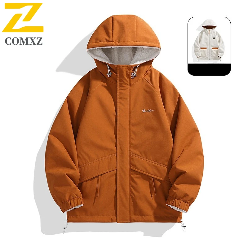 

COMXZ Мужская двусторонняя куртка из шерпа, водонепроницаемая ветрозащитная куртка для альпинизма, зимняя утолщенная флисовая парка с капюшоном для занятий спортом на открытом воздухе