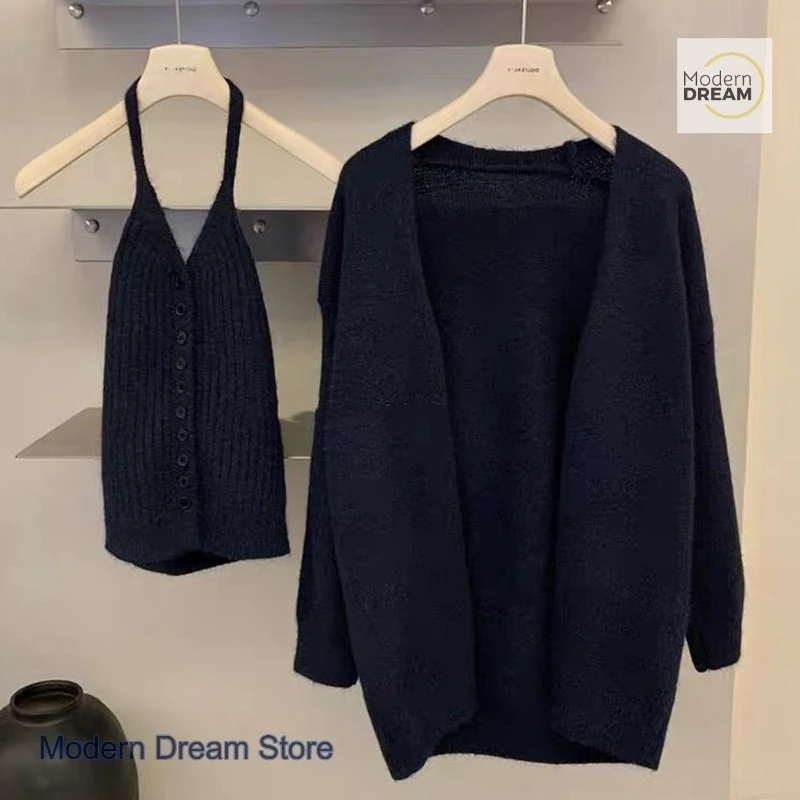 

French-style knitted camisole sweater two-piece coat women's autumn and winter lazy wind thickened loose sweater coat suit