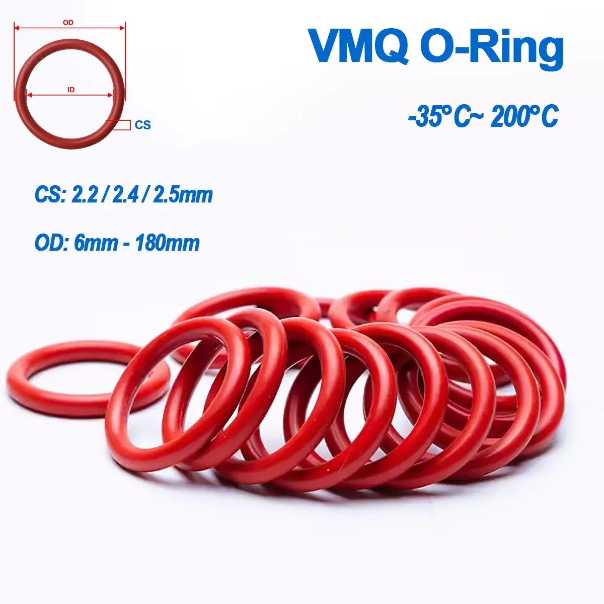 CS: 2.4mm 2.5mm Red Silicone O-Ring VMQ Food Grade Sealing Ring Gasket Washer OD: 6-180mm Waterproof Heat-Resistant Insulated