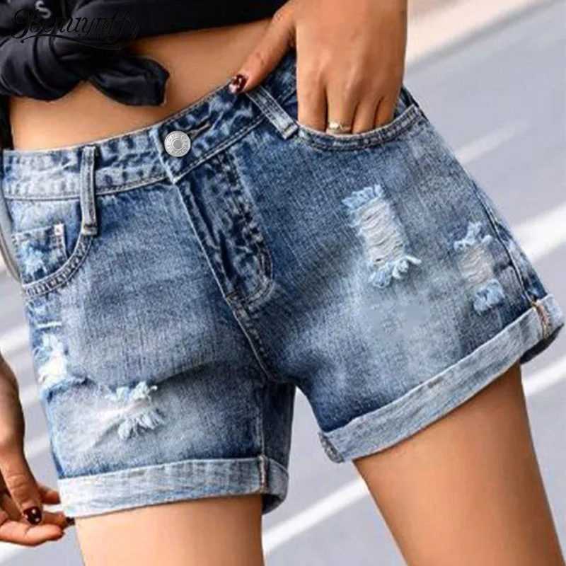 

Benuynffy Streetwear Mid Waisted Ripped Denim Shorts Women's Summer Retro Pockets Casual Rolled Hem Straight Jeans Shorts Female