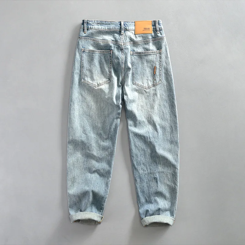 Men Vintage Washed Denim Jeans Solid Classic Relax Fit Good Quality Loose Straight Leg Multi Pocket Casual Pants