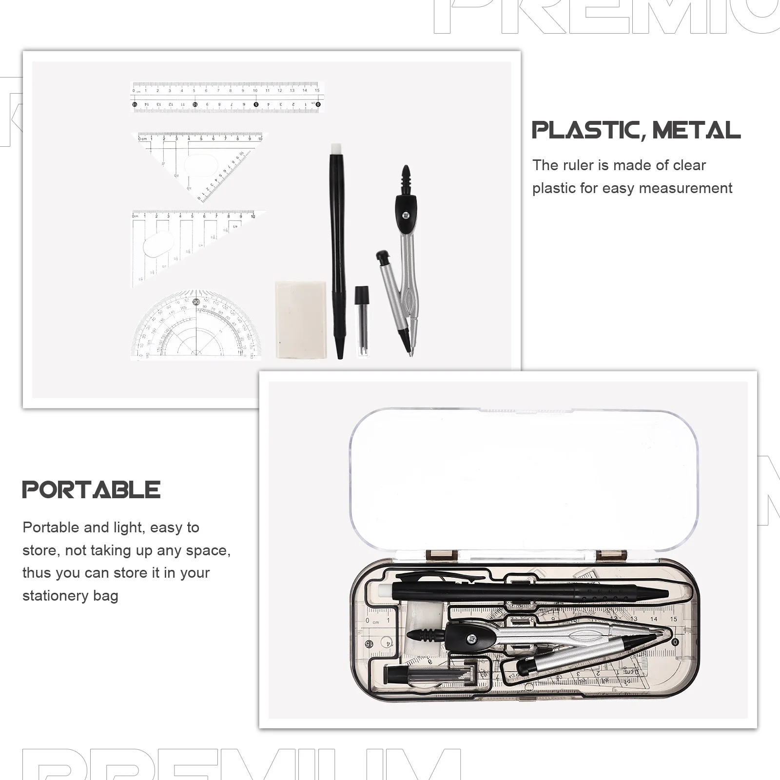 Règle de boussole, outils de mesure, boîte à outils de dessin, rapporteur en plastique transparent, règle triangulaire, Kit de papeterie scolaire et mathématique, 1 ensemble