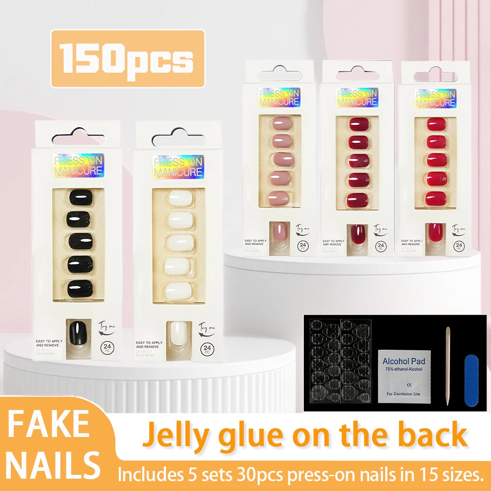 150pcs Short Fake Nails 5 Sets Press on Nails in 15 Sizes Eco-Friendly Resin False Nail Solid Color Self Adhesive Nails