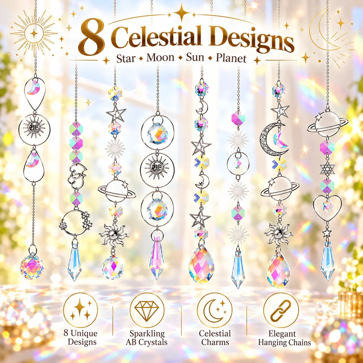 Rainbow Prism Hanging Crystal Sun Catcher with Star Moon Planet Charms for Window Home Decor Gift - Sparkling Light Catcher