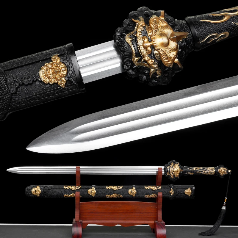Chinese Han Sword High Manganese Steel Blade Real Handmade Full Tang Ready Battle Black Golden Dragon Samurai Katana Home Decor