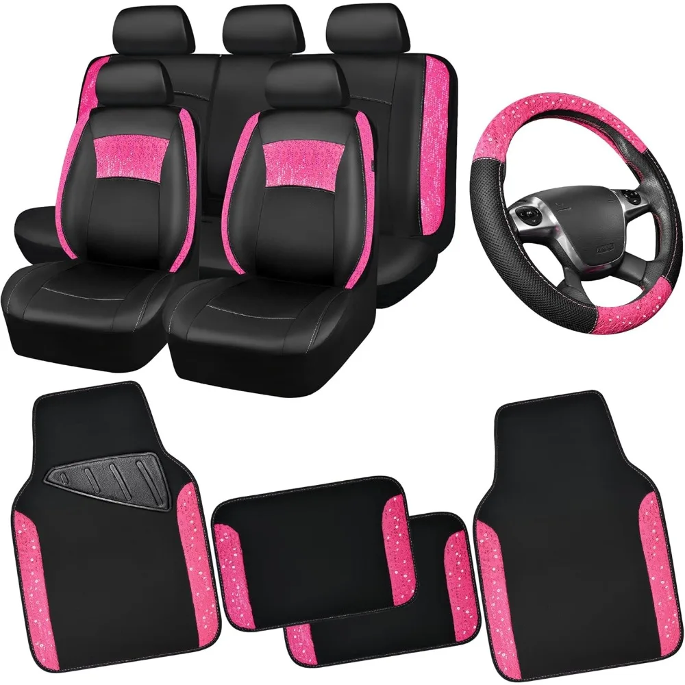 

CAR PASS Universal Leather Pink Lace Car Seat Covers Full Set for Women Girls, Waterproof Car Floor Mats Carpet, Steering Wheel