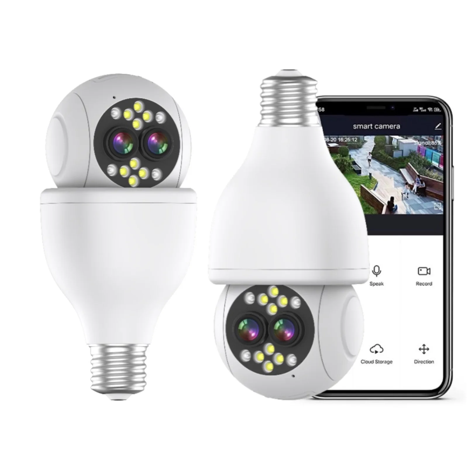 Smart Home Light Bulb Security IP Camera Double lens 5X Zoom 2K Resolution , 2.4GHz WiFi Light Socket Security Cameras