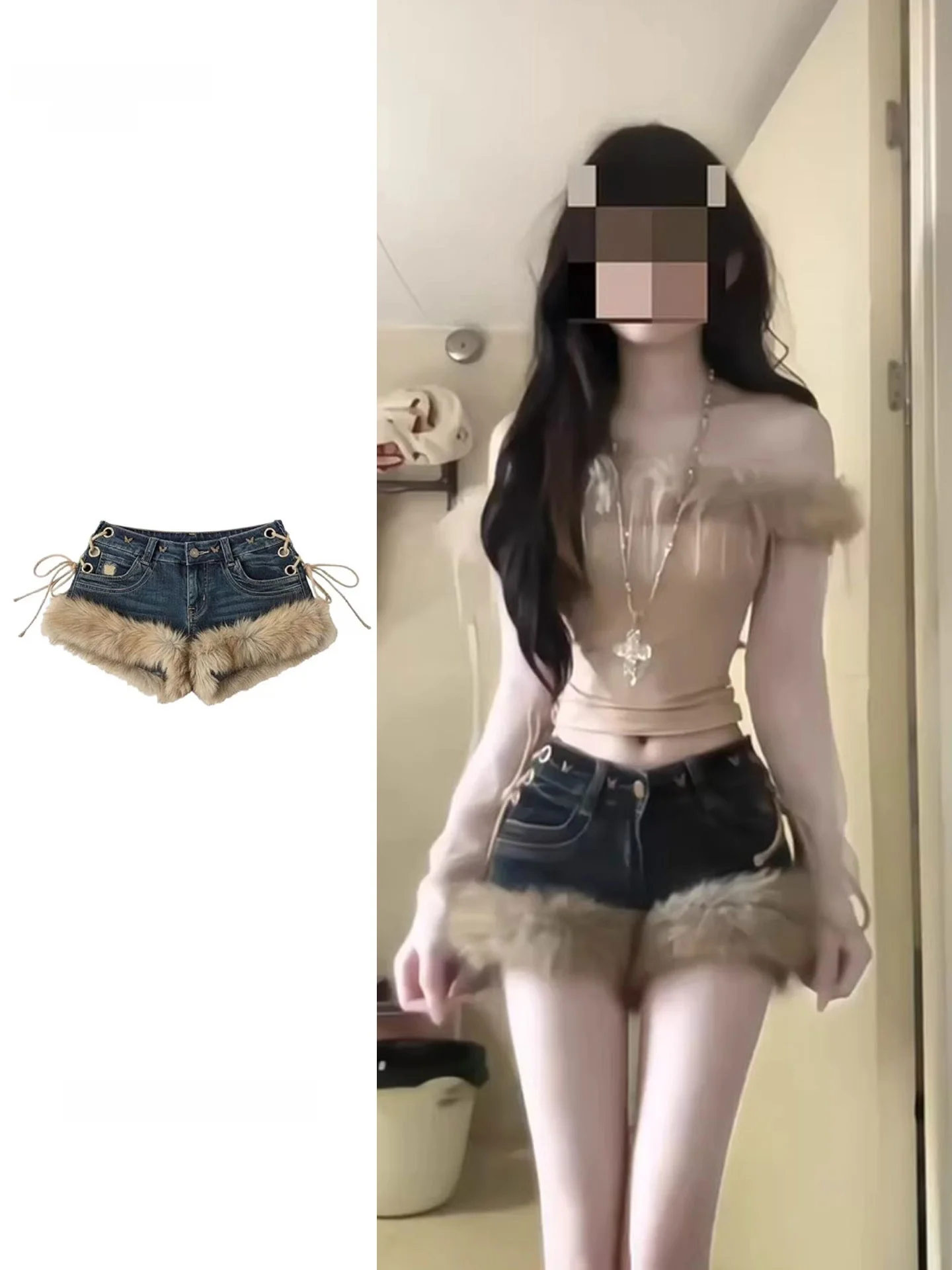 plus Size American Style Plaid Fluffy Short Shorts Women's Winter New Super Short Hot Trendy Low Waist Jeans Pants for Students