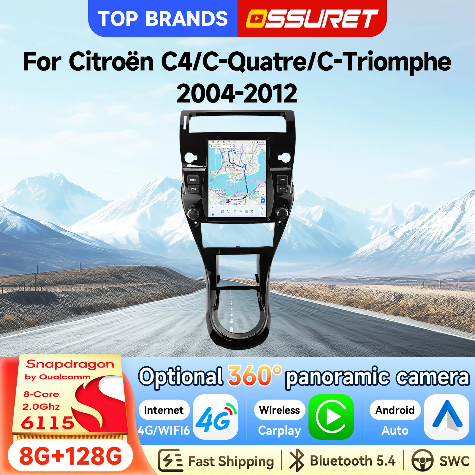 OSSURET Autoradio Android 15 da 9,7 Pollici 2 Din per Citroën C4/C-Quatre/C-Triomphe 2004-2012, CarPlay, Android Auto, Unità Principale 6115, Navigazione, Radio FM AM RDS DSP, Bluetooth, AI, GPS, SWC,