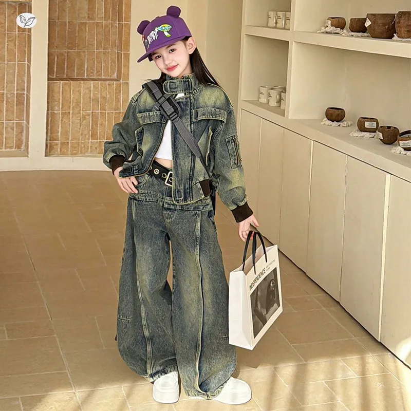 American Retro Denim Set for Girls  2026 Spring New Style Buttoned Collar Coat and Floor-Length Pants Set5-13Y
