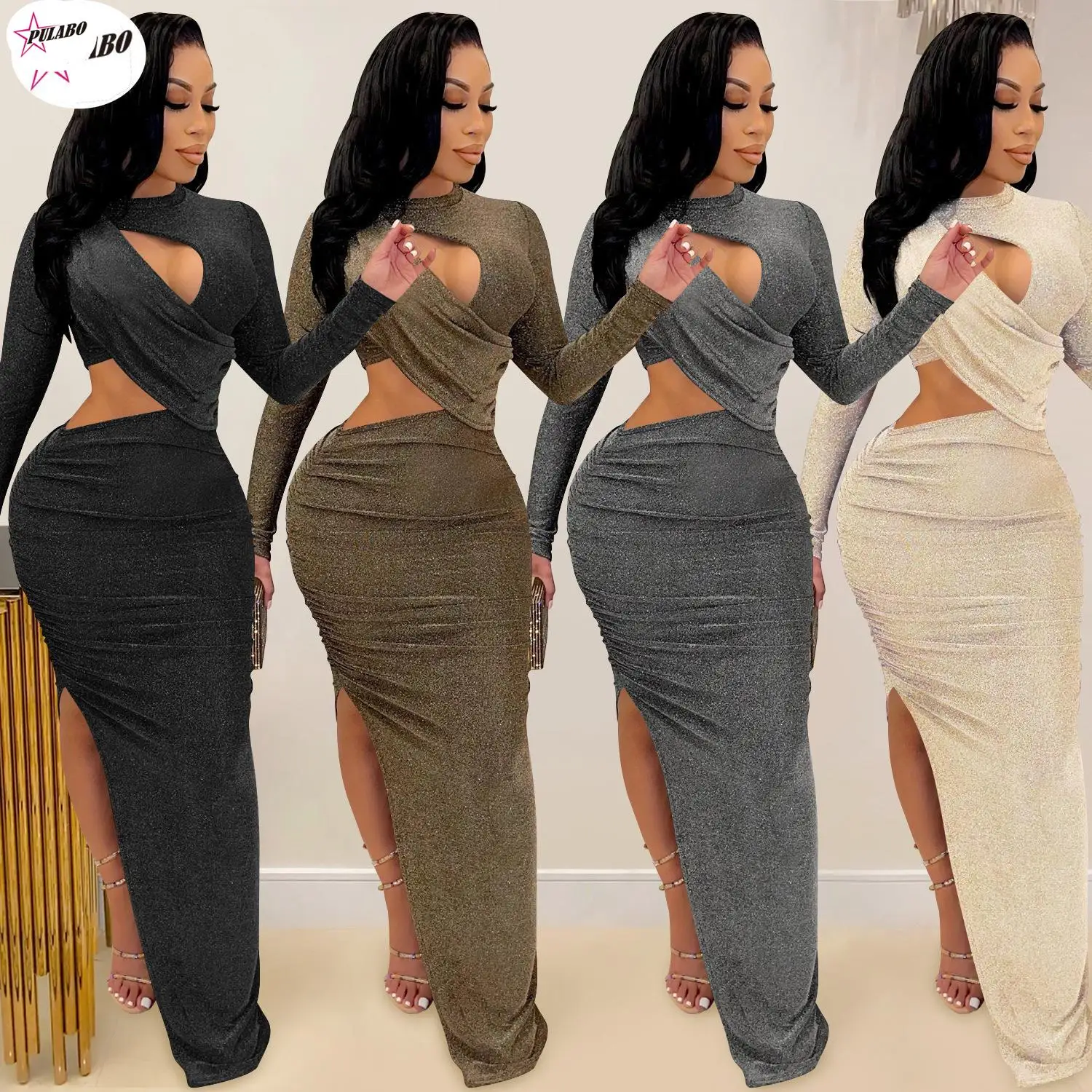 Elegant Glitter Solid Ruched Long Women Sexy Cut Out O Neck Long Sleeve High Slit Evening Club Party Robe Christmas Female Dress