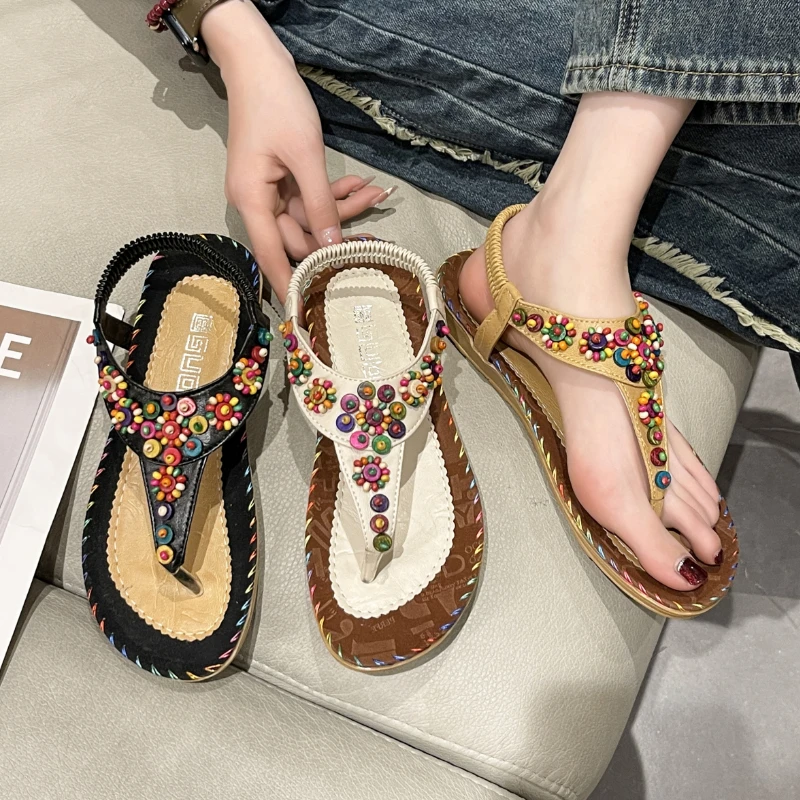 Summer Women Sandals 2023 Flat Casual Shoes Bead Slip On Sandalias Fashion Flip-Flop Roman Shoes for Women Chaussure Femme