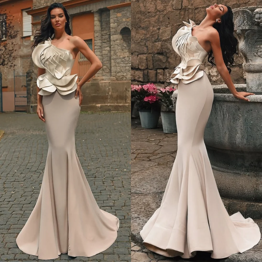 Customized Intricate Matching Jersey Pleat  Trumpet One-shoulder Long Dresses Bespoke Occasion Fashion