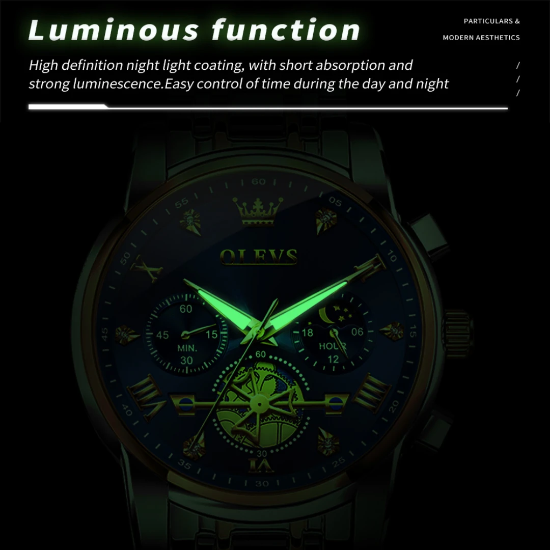 Деловые кварцевые часы OLEVS 2856 с круглым циферблатом, ремешок из нержавеющей стали, хронограф