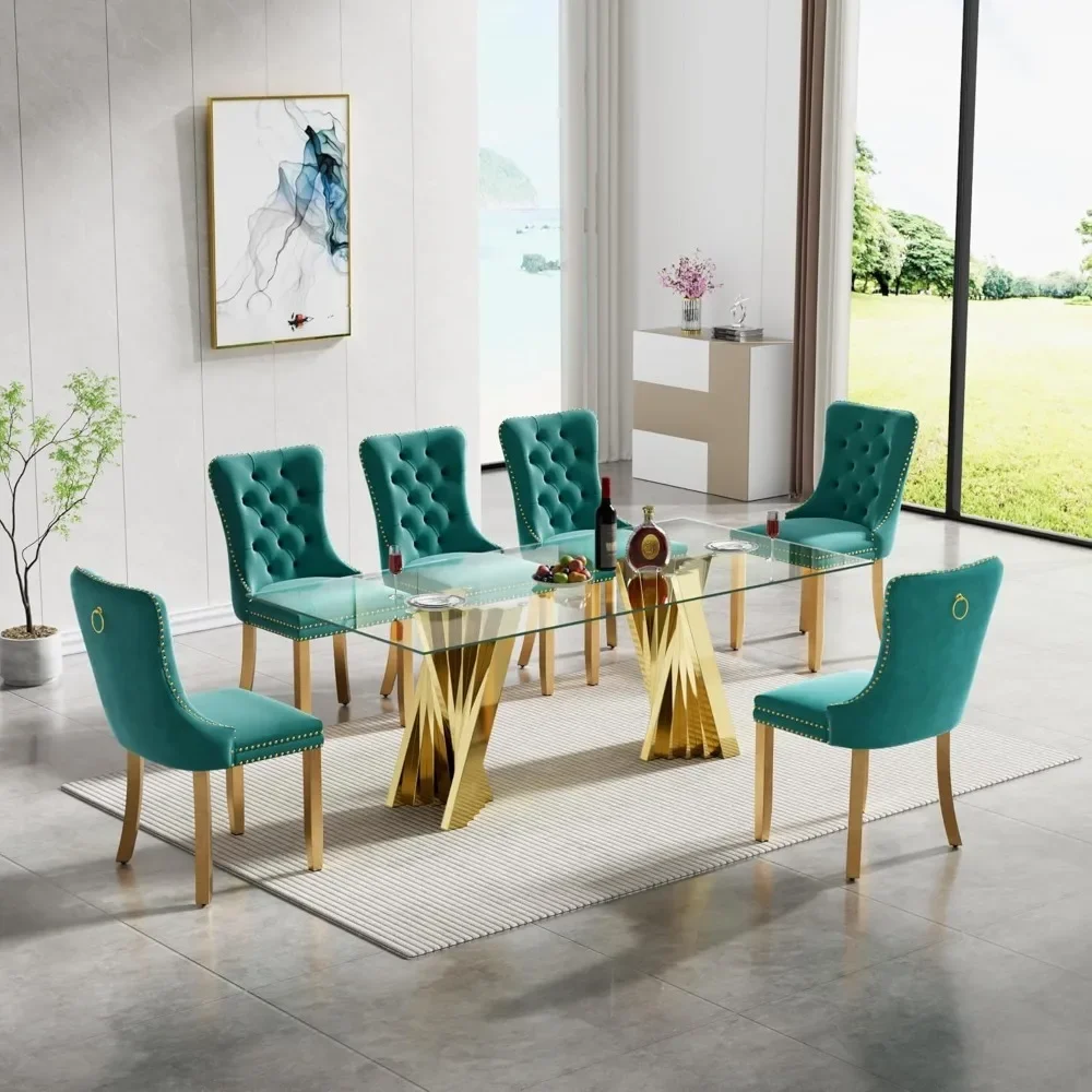 Mesa de jantar de vidro de 70 polegadas para 6-8 pessoas mesa de jantar retangular com base de aço inoxidável espelhada dourada