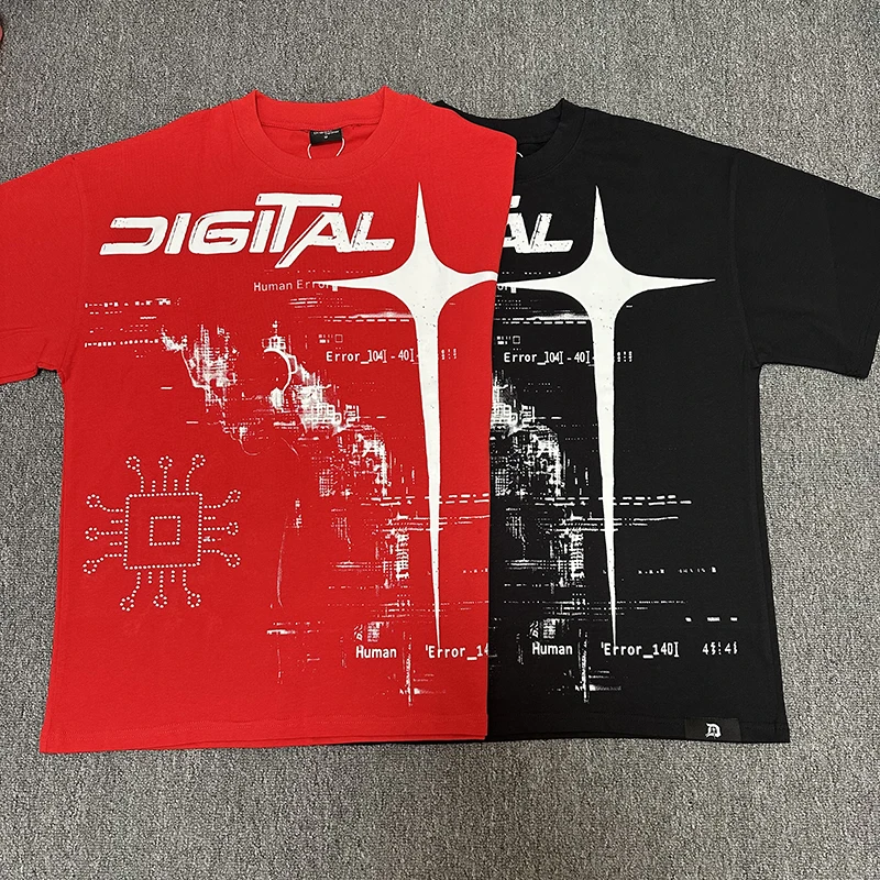 2026SS DIGITAL Men Short Sleeve Top Red Tech Circuit Digital Figure Print Loose Casual Street Tee Top