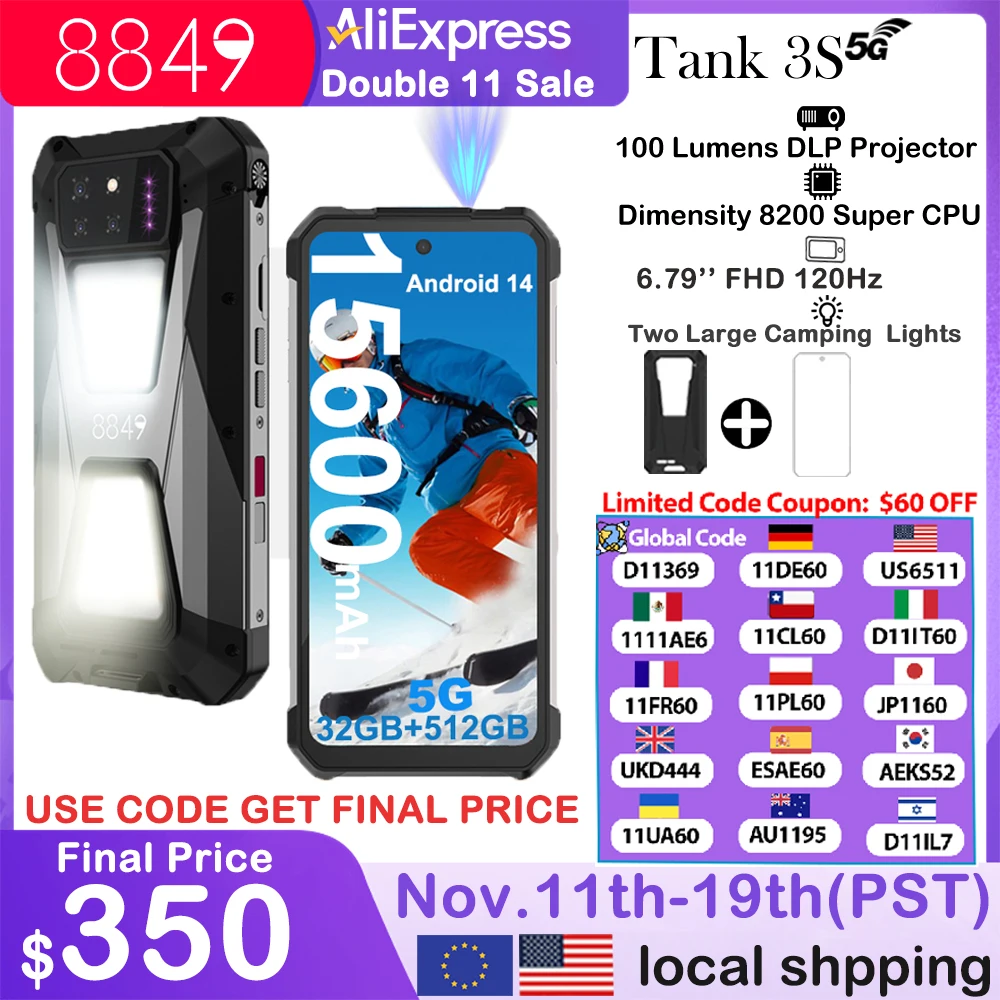 8849 Tank 3S Unihertz Rugged Smartphone with Projector 5G 24/32GB RAM 256/512GB ROM Dimensity 8200 64MP Night Vision Phone