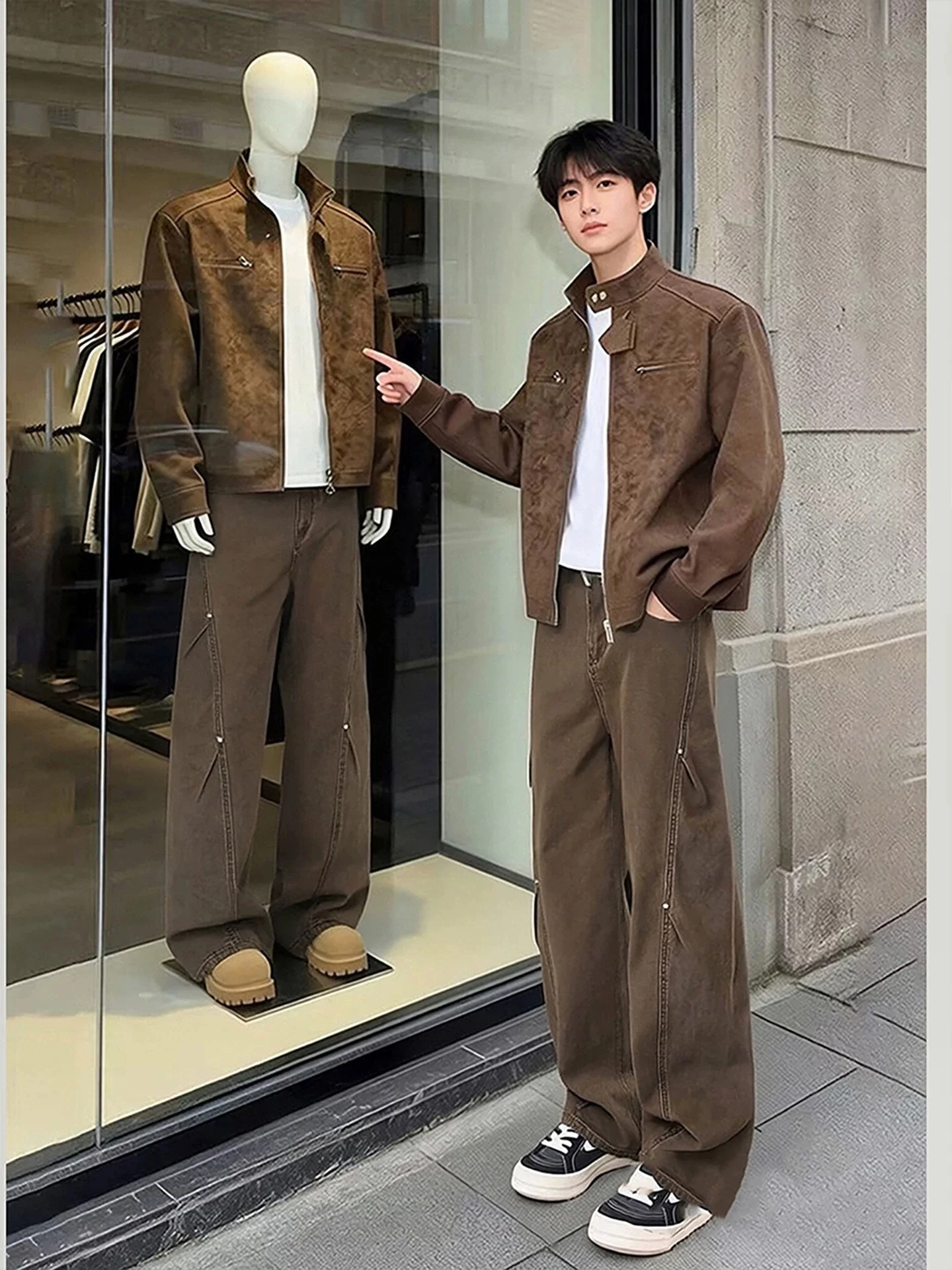 

Retro American Folded Brown Denim Pants Men Spring Mural Wide Leg Workwear Cleanfit Flared Pants Youth ular Loose Fit Jeans