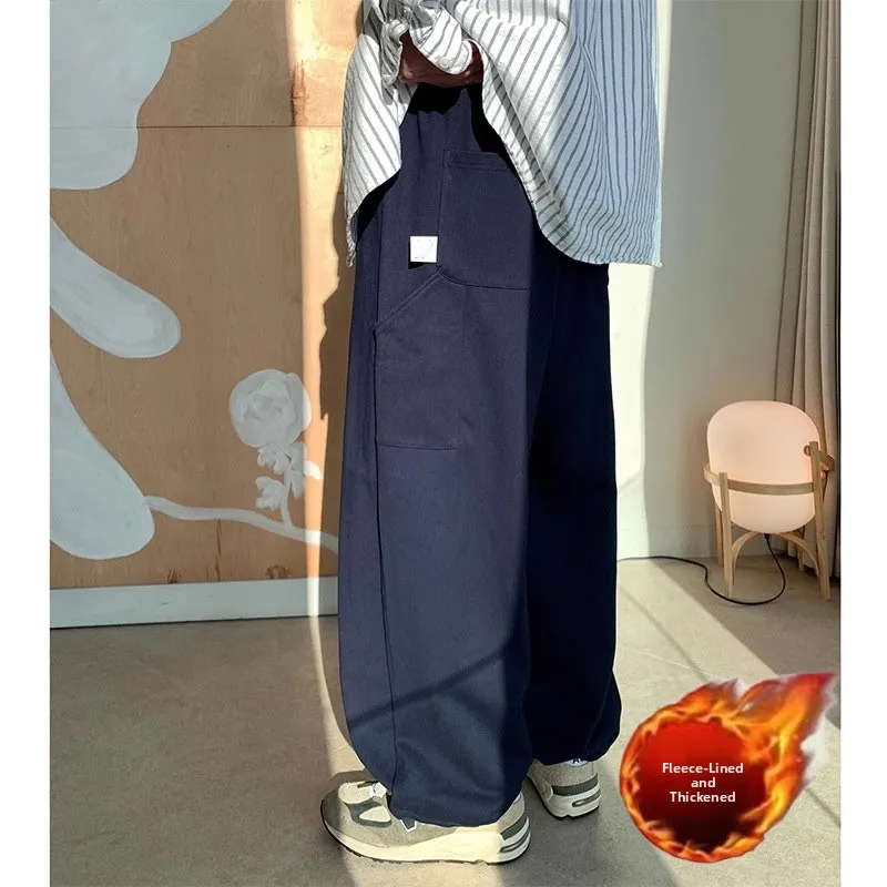 Thiened Fce Lined Loose Fit Casual Wide Leg Sweatpants Men's Warm Sport Pants Trousers Autumn Winter Japanese Sle Simple