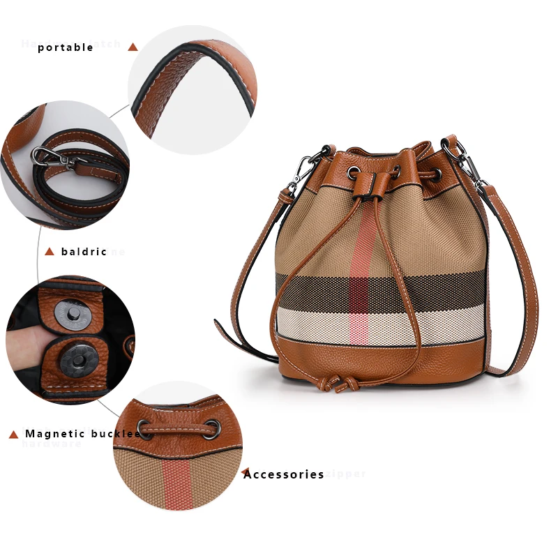 Aidrani Fashion Plaid Canvas with Cowhide Bucket Bag Classic Versatile One Shoulder Crossbody Bag