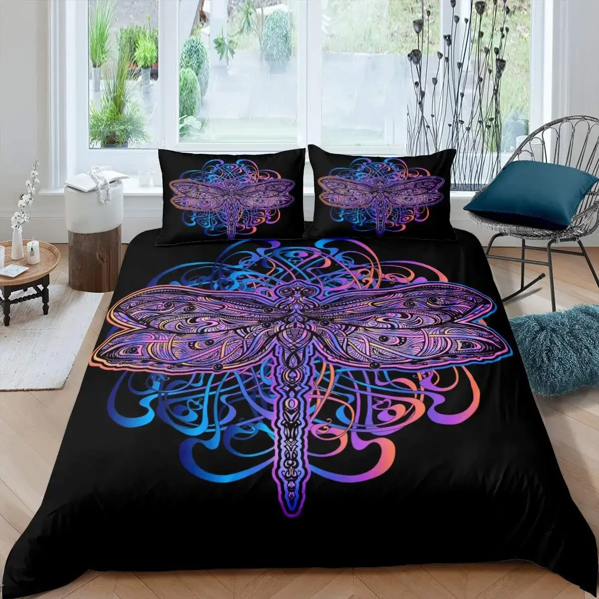 Black Dragonfly Duvet Cover Home Decorative 3 Piece Twin Bedding Set with 2 Pillow Covers 150x200 155x220 200x200 200x220 cm