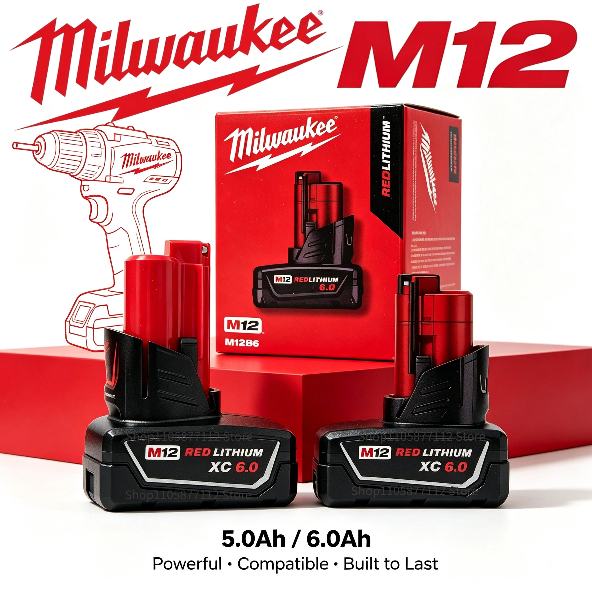 100%  NEW Milwaukee M12 Replacement Battery 12V 6000mAH 48-11-2402 48-11-2401MIL-12A-LI for Milwaukee Tools Rechargeable Battery