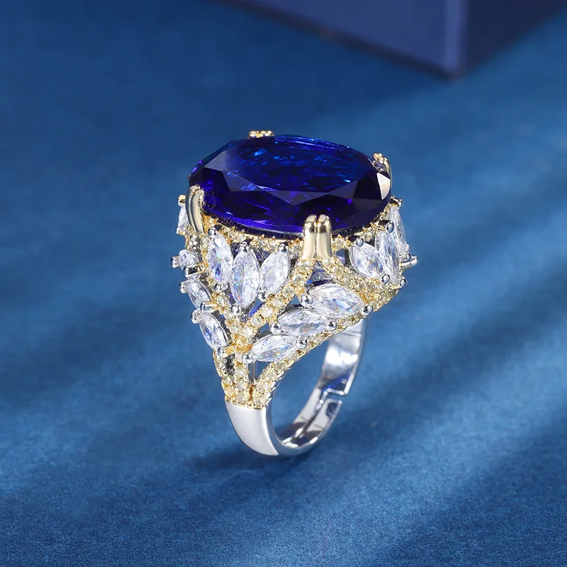 Copper Electroplated Gold Fashion Jewelry Copper Gold Plated Imitation Blue Glass Finger Inlaid Diamond Women's Ring Main Stone1