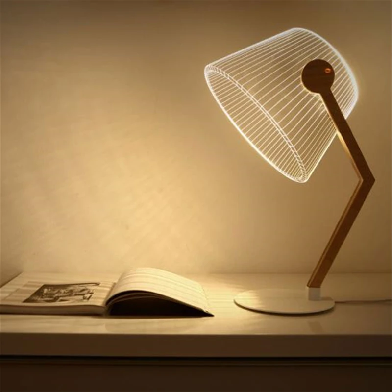 

Ins Hot 3D Effect LED Desk Lamp Wood Support Acrylic Lampshade LED Light Living Room Bedroom Reading Lamp With USB Plug