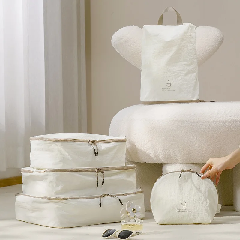 Set penyimpanan tas travel Taslon lima potong, tas sepatu, tas pakaian dalam, praktis untuk perjalanan, set penyimpanan koper, anti air