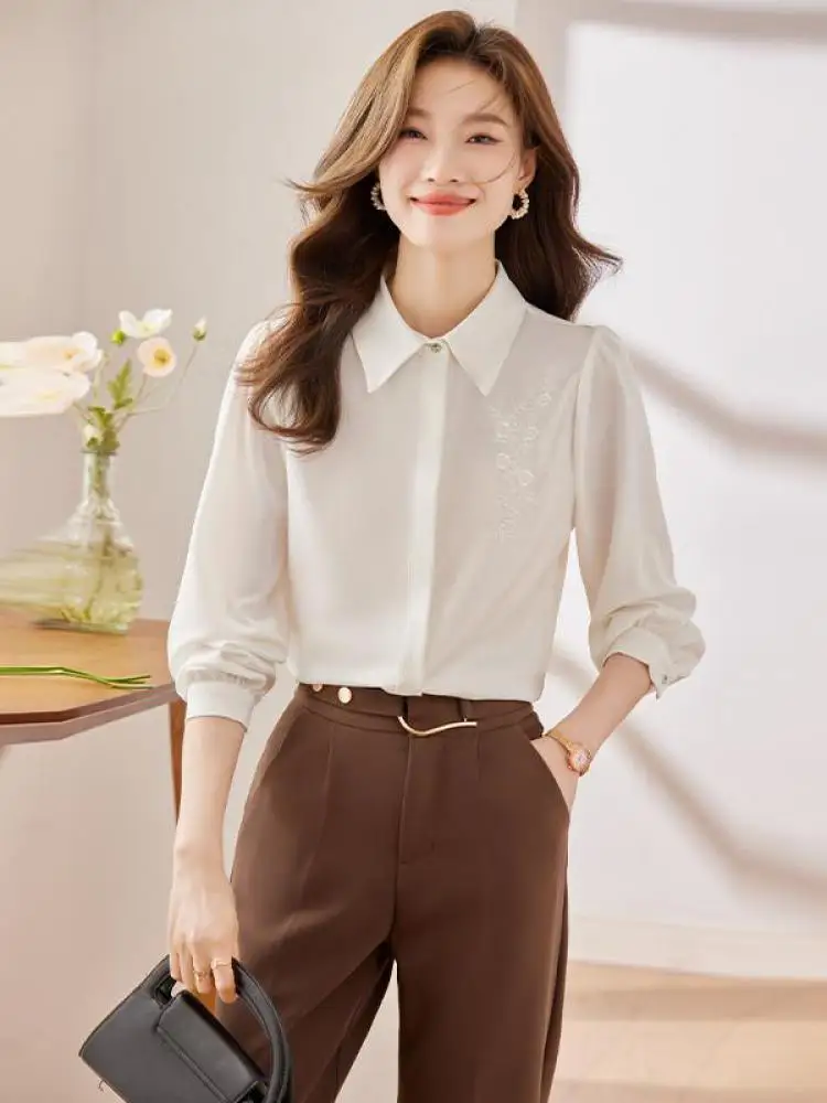 

Vintage Women White Embroidery Elegant Long Sleeve Shirt Autumn French Fashion Green Single Breasted Blouses Versatile Tops Chic