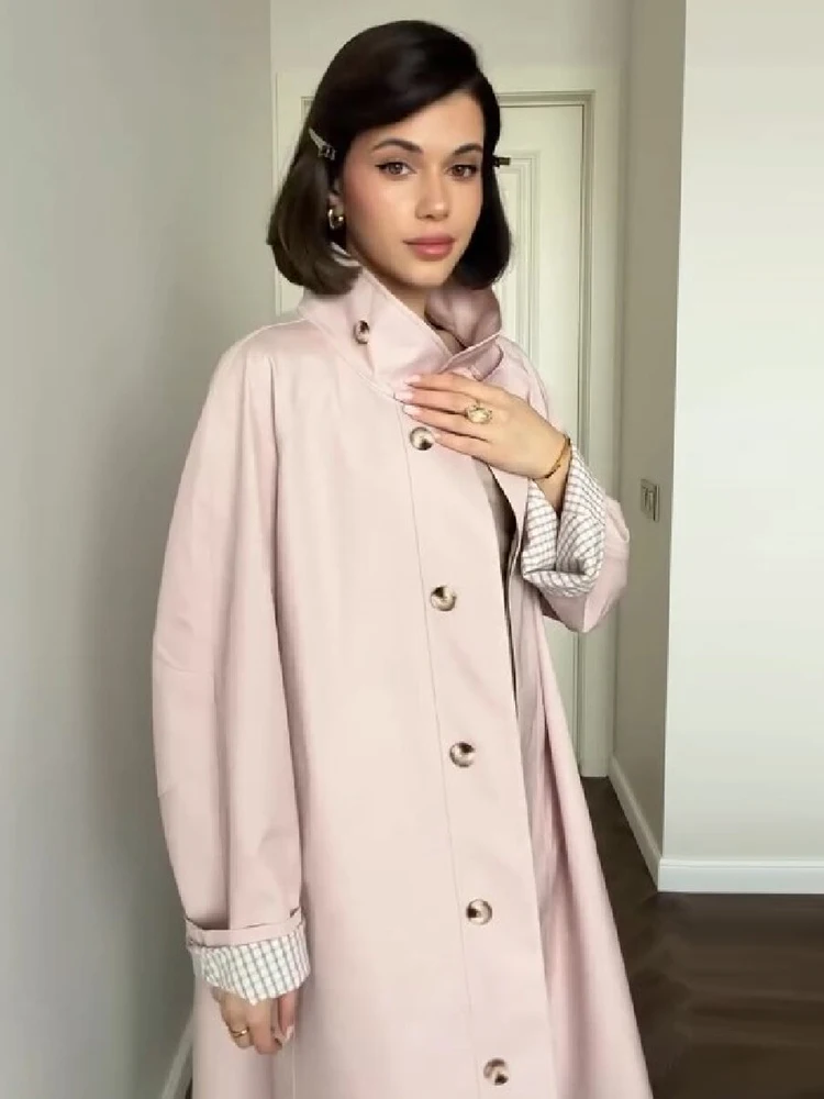Elegant High Stand Collar Metal Button Plaid Cuff Detail Long Oversized Loose Trench Coat Long Sleeve Minimalist Daily Outerwear