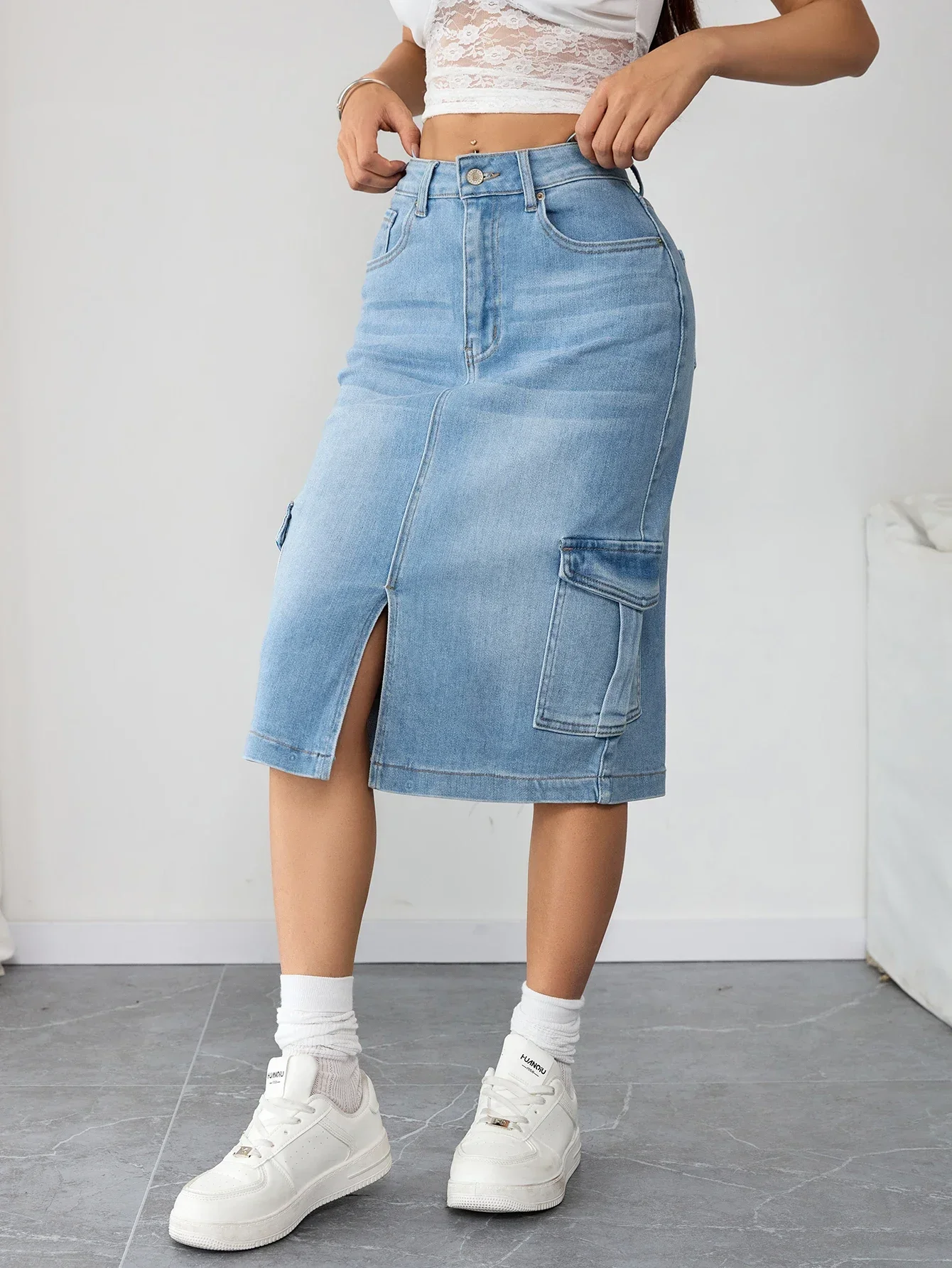 أزياء زائد حجم المرأة الدنيم ميدي تنورة عالية الخصر البضائع الجينز تنورة متعرج صالح زائد حجم الدنيم الملابس