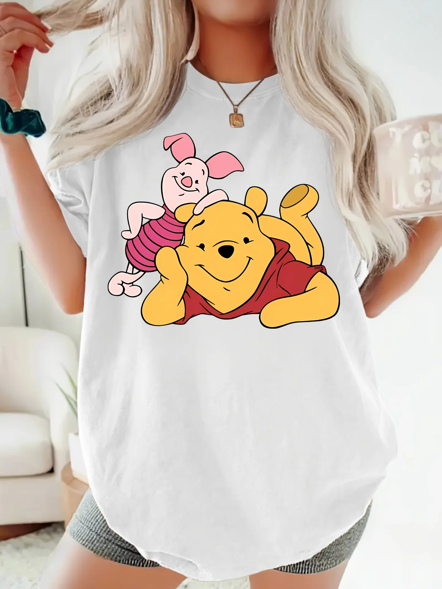 تي شيرت نسائي بنمط ديزني ويني ذا بوه من القطن بأكمام قصيرة للجنسين ملابس خروج كبيرة الحجم فضفاضة كاجوال أنيقة #4