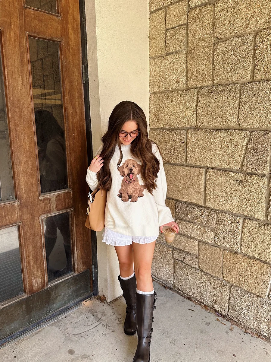 Puppy Jacquard Knit Sweater Woman Autumn O-Neck Long Sleeve Cotton Jumper Top Sweet Cute Fashion Streetwear Sweaters Y2k Tops