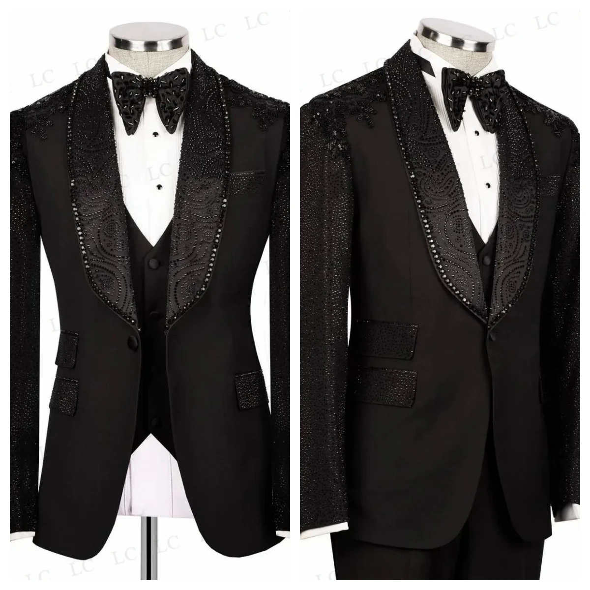 

3 Pieces Design Men Suits Beads Sheer Lapel Slits Tuxedo Blazer Pants One Button Slim Formal Prom Wedding Groom Custom Plus Size