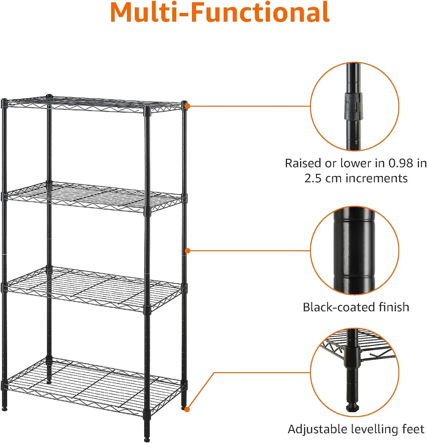 4-Steel Wire Storage Rack, Adjustable, Sturdy, Easy Assembly,  Black closet organizer